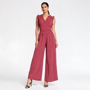 Max Studio ruffled‎ V-neck smocked waist wide-leg crepe jumpsuit in red. NWT